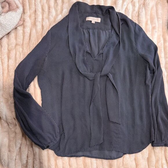 Loft Blue White Polka Dot Chiffon Blouse Large - Picture 2 of 6
